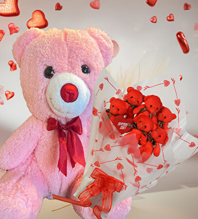 Sevimli 35 cm Peluş Ayı ile Premium Yumoş Kırmızı Peluş Ayıcık Buketi