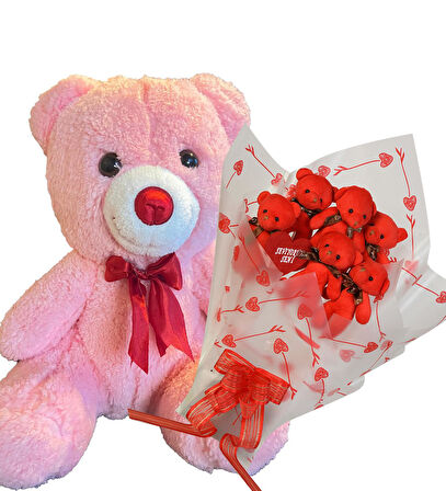 Sevimli 35 cm Peluş Ayı ile Premium Yumoş Kırmızı Peluş Ayıcık Buketi