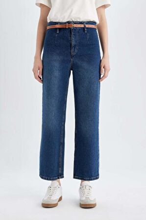 DeFacto Culotte Yüksek Bel Kısa Geniş Paça Kemerli Jean Yıkamalı Pantolon D4325AX24AUNM28