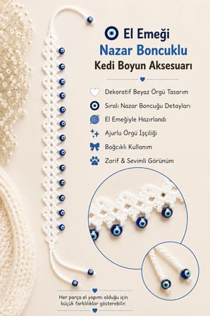El Örgüsü Nazar Boncuklu Kedi Boyun Aksesuarı Beyaz Ajurlu Örgü Bağcıklı El Yapımı Kedi Tasması