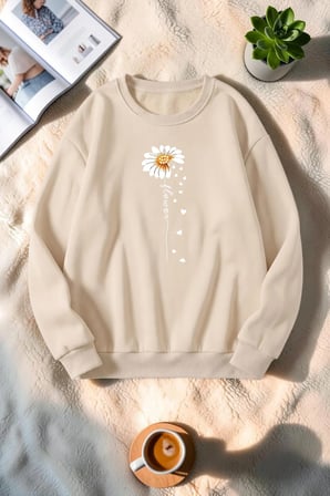 Unisex Flower Çiçek Baskılı Bisiklet Yaka Sweatshirt