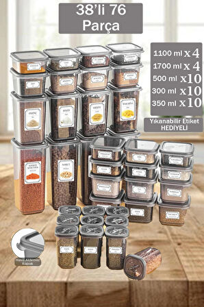 Diana 38'li 76 Parça Kare Saklama Kabı & Baharatlık Seti 4x(1700ML 1100ML)10x(500ML350ML300 ML)