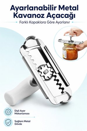 Metal Kavanoz Açacağı - Ayarlanabilir Mekanizma, Sıkı Kapakları Kolayca Açın (1 Adet)