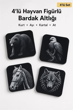 Hayvan Figürlü Kaymaz Bardak Altlığı Seti, Kurt Ayı Kartal At Desenli 4'lü Takım (4 Adet)