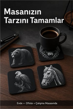 Hayvan Figürlü Kaymaz Bardak Altlığı Seti, Kurt Ayı Kartal At Desenli 4'lü Takım (4 Adet)