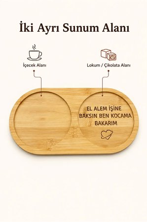 Bambu İki Bölmeli Kahve Sunum Tepsisi, El Alem İşine Baksın Yazılı Bardak Altlığı