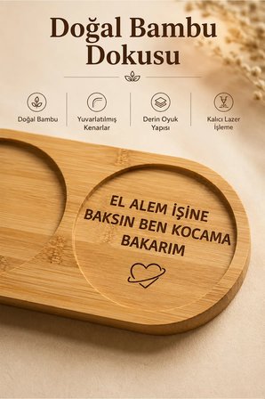 Bambu İki Bölmeli Kahve Sunum Tepsisi, El Alem İşine Baksın Yazılı Bardak Altlığı