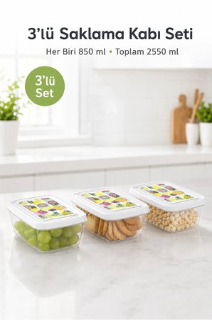 3’lü 850 ml Dikdörtgen Saklama Kabı Seti Meyve Desenli Şeffaf İstiflenebilir Erzak Kabı