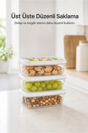 3’lü 850 ml Dikdörtgen Saklama Kabı Seti Meyve Desenli Şeffaf İstiflenebilir Erzak Kabı