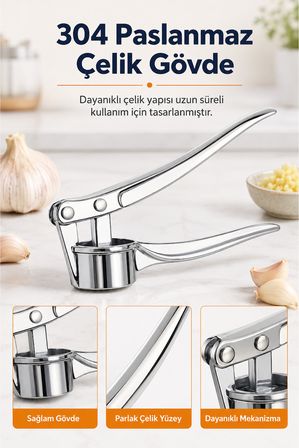Paslanmaz Çelik Sarımsak Ezici Pres Uzun Saplı Ergonomik Mutfak Aparatı