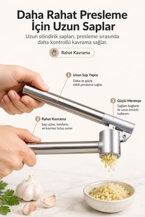 Paslanmaz Çelik Sarımsak Ezici Pres Çıkarılabilir Hazneli Uzun Saplı Mutfak Aparatı