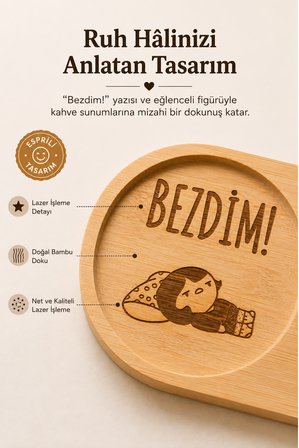 Bambu Bezdim Yazılı Kahve Sunumluğu İki Bölmeli Lazer İşlemeli