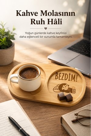 Bambu Bezdim Yazılı Kahve Sunumluğu İki Bölmeli Lazer İşlemeli