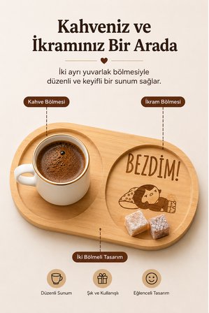 Bambu Bezdim Yazılı Kahve Sunumluğu İki Bölmeli Lazer İşlemeli