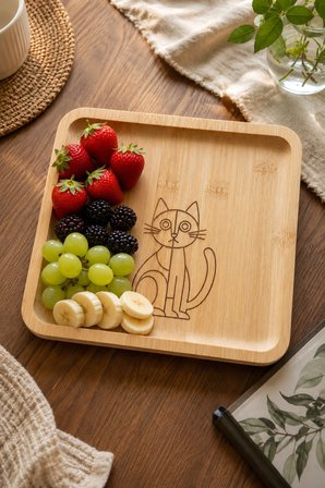 Fly Life Kedi Desenli 20x20 cm Doğal Bambu Meyve ve Sunum Tabağı