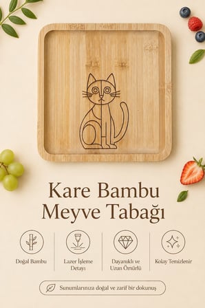Fly Life Kedi Desenli 20x20 cm Doğal Bambu Meyve ve Sunum Tabağı