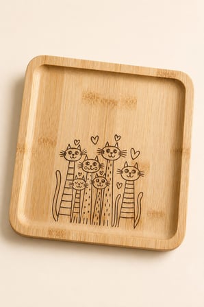 Fly Life Sevimli Kediler 20x20 cm Doğal Bambu Meyve ve Sunum Tabağı