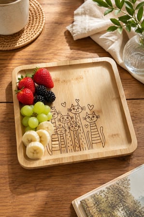 Fly Life Sevimli Kediler 20x20 cm Doğal Bambu Meyve ve Sunum Tabağı