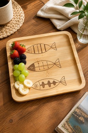 Fly Life Balık Desenli 20x20 cm Doğal Bambu Meyve ve Sunum Tabağı