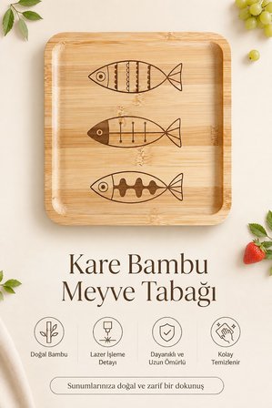 Fly Life Balık Desenli 20x20 cm Doğal Bambu Meyve ve Sunum Tabağı