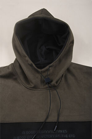 DeepSEA Erkek Haki Dar Kesim Süet Kumaş Sweatshirt – Kapüşonlu & Şık Tasarım Sweatshirt 2608510