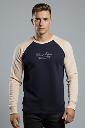 DeepSEA Erkek Lacivert Fitilli Şardonlu Sweatshirt - Pamuklu, Likralı, Rahat Kalıp Sweatshirt 2601510