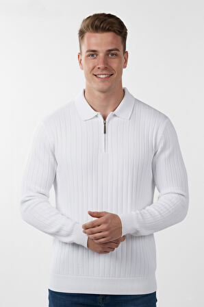 DeepSEA Erkek Beyaz Slim Fit Polo Yaka Triko Kazak - Yumuşak Dokulu Esnek ve Şık Görünüm 2605305