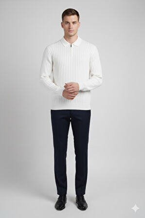 DeepSEA Erkek Beyaz Slim Fit Polo Yaka Triko Kazak - Yumuşak Dokulu Esnek ve Şık Görünüm 2605305