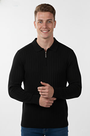 DeepSEA Erkek Siyah Slim Fit Polo Yaka Triko Kazak - Yumuşak Dokulu Esnek ve Şık Görünüm 2605305