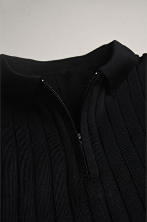 DeepSEA Erkek Siyah Slim Fit Polo Yaka Triko Kazak - Yumuşak Dokulu Esnek ve Şık Görünüm 2605305