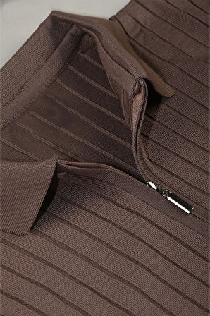 DeepSEA Erkek Kahve Slim Fit Polo Yaka Triko Kazak - Yumuşak Dokulu Esnek ve Şık Görünüm 2605305