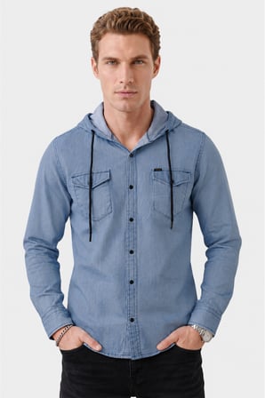 DeepSEA Mavi Kapüşonlu Likralı Kot Gömlek – Slim Fit Çıt Çıt Kapamalı Erkek Gömlek 2300396