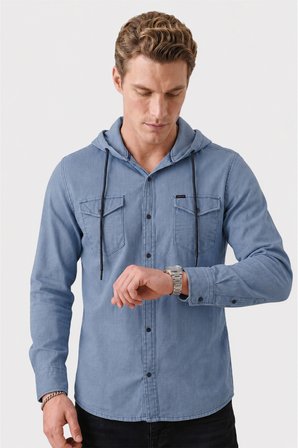 DeepSEA Mavi Kapüşonlu Likralı Kot Gömlek – Slim Fit Çıt Çıt Kapamalı Erkek Gömlek 2300396