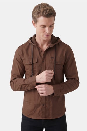 DeepSEA Kahve Kapüşonlu Likralı Kot Gömlek – Slim Fit Çıt Çıt Kapamalı Erkek Gömlek 2300396