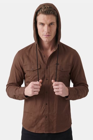 DeepSEA Kahve Kapüşonlu Likralı Kot Gömlek – Slim Fit Çıt Çıt Kapamalı Erkek Gömlek 2300396