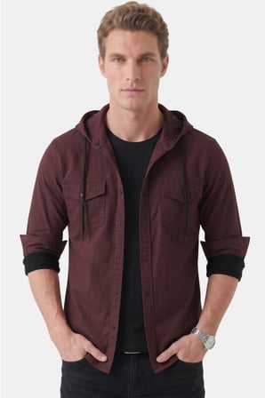 DeepSEA Mürdüm Kapüşonlu Likralı Kot Gömlek – Slim Fit Çıt Çıt Kapamalı Erkek Gömlek 2300396
