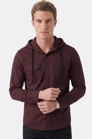DeepSEA Mürdüm Kapüşonlu Likralı Kot Gömlek – Slim Fit Çıt Çıt Kapamalı Erkek Gömlek 2300396