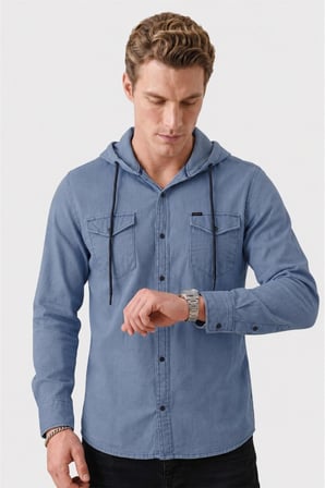 DeepSEA Koyu Mavi Kapüşonlu Likralı Kot Gömlek – Slim Fit Çıt Çıt Kapamalı Erkek Gömlek 2300396