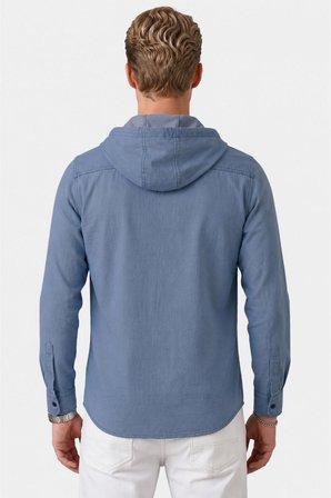 DeepSEA Koyu Mavi Kapüşonlu Likralı Kot Gömlek – Slim Fit Çıt Çıt Kapamalı Erkek Gömlek 2300396