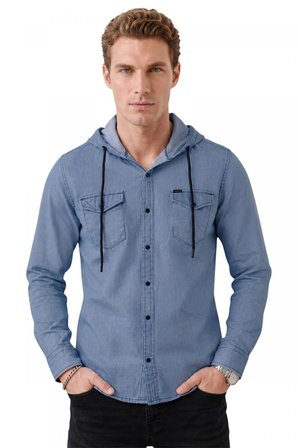 DeepSEA Koyu Mavi Kapüşonlu Likralı Kot Gömlek – Slim Fit Çıt Çıt Kapamalı Erkek Gömlek 2300396