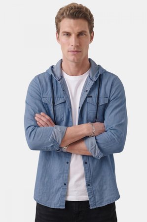 DeepSEA Koyu Mavi Kapüşonlu Likralı Kot Gömlek – Slim Fit Çıt Çıt Kapamalı Erkek Gömlek 2300396