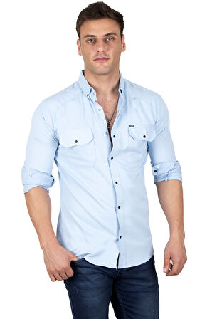 DeepSEA Erkek Buz Mavisi Slim Fit Dar Kesim Pamuklu Spor Gömlek Çıtçıtlı Likralı Gabardin Gömlek 2300421