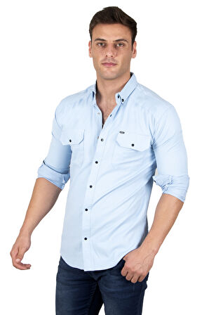 DeepSEA Erkek Buz Mavisi Slim Fit Dar Kesim Pamuklu Spor Gömlek Çıtçıtlı Likralı Gabardin Gömlek 2300421