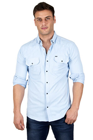 DeepSEA Erkek Buz Mavisi Slim Fit Dar Kesim Pamuklu Spor Gömlek Çıtçıtlı Likralı Gabardin Gömlek 2300421