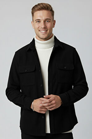 DeepSEA Siyah Cepli Likralı Kadife Kumaş Rahat Kesim Erkek Gömlek – Yumuşak Dokulu, Şık Tasarım Gömlek 2600759