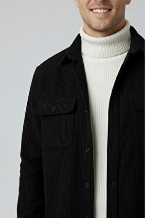 DeepSEA Siyah Cepli Likralı Kadife Kumaş Rahat Kesim Erkek Gömlek – Yumuşak Dokulu, Şık Tasarım Gömlek 2600759