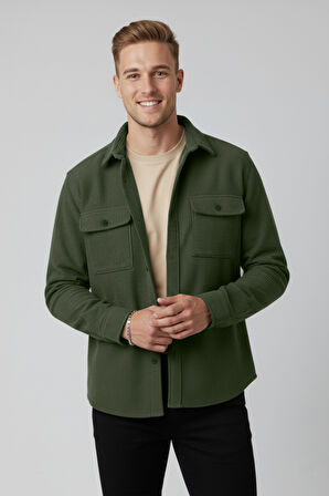 DeepSEA Yeşil Cepli Likralı Kadife Kumaş Rahat Kesim Erkek Gömlek – Yumuşak Dokulu, Şık Tasarım Gömlek 2600759