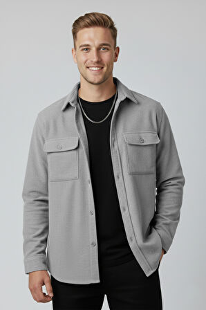 DeepSEA Gri Cepli Likralı Kadife Kumaş Rahat Kesim Erkek Gömlek – Yumuşak Dokulu, Şık Tasarım Gömlek 2600759