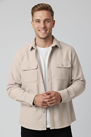 DeepSEA Bej Cepli Likralı Kadife Kumaş Rahat Kesim Erkek Gömlek – Yumuşak Dokulu, Şık Tasarım Gömlek 2600759