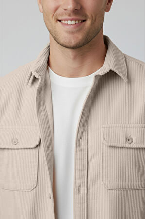 DeepSEA Bej Cepli Likralı Kadife Kumaş Rahat Kesim Erkek Gömlek – Yumuşak Dokulu, Şık Tasarım Gömlek 2600759